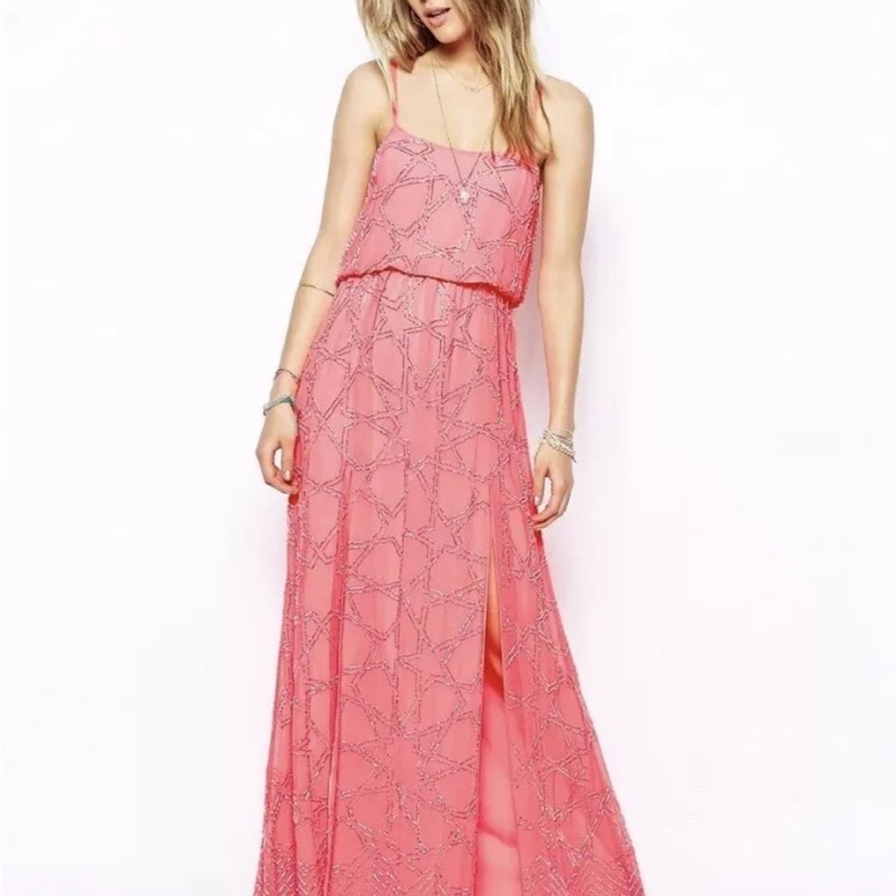 Needle & Thread Coral Star Constellation Handbeaded Maxi Dress Sz 2
